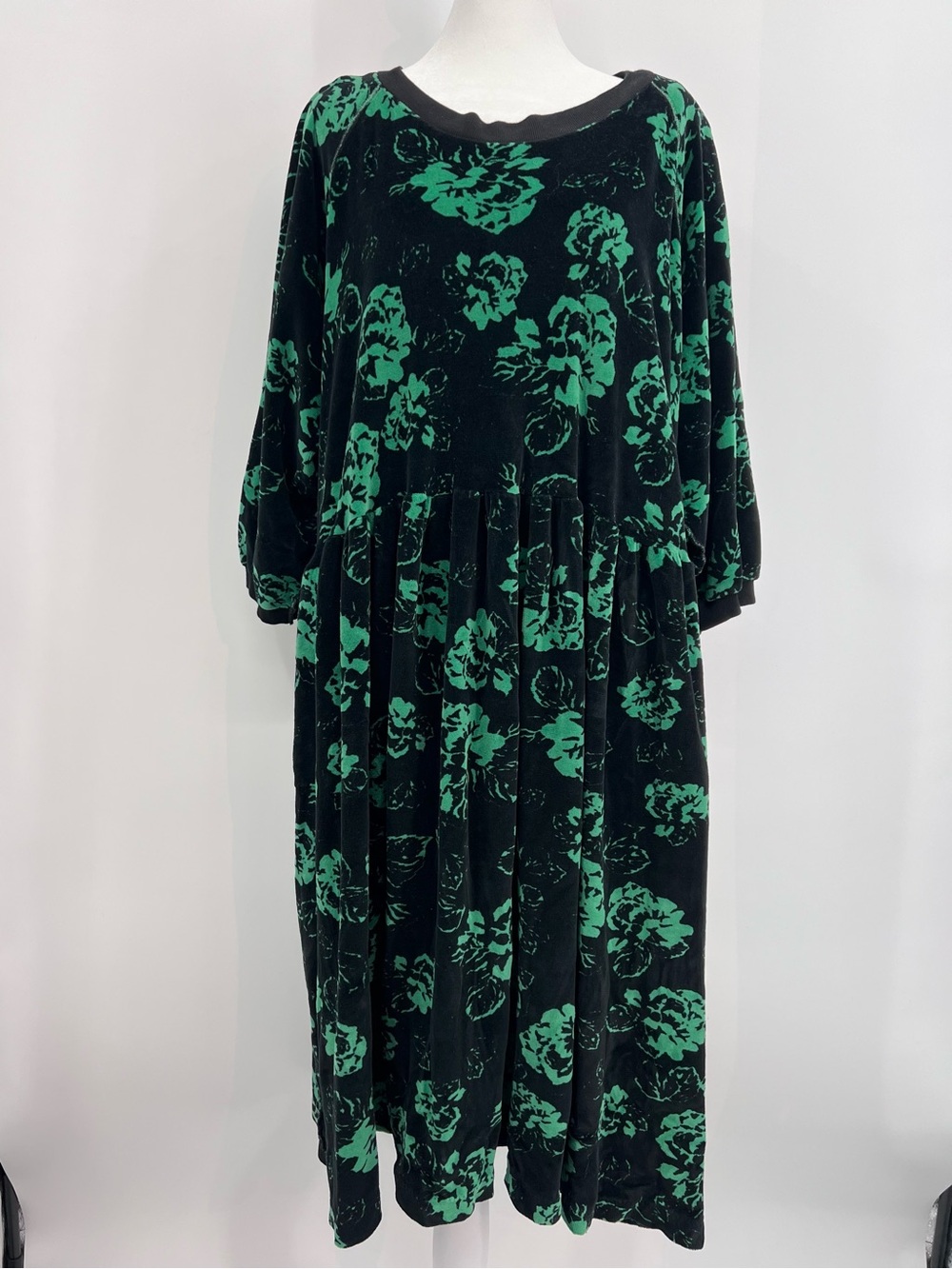 Sonia Rykiel vintage velour velvet black green floral midi dress XL